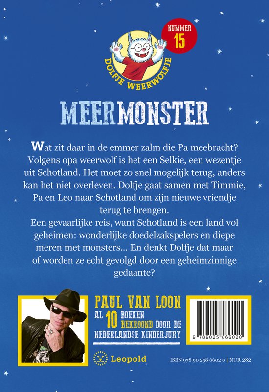 Achterkant van boekcover 'Meer Monster' met tekst, Paul van Loon, Leopold en een gestreepte barcode.