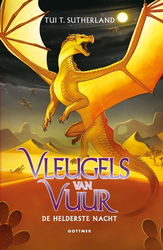Un dragon doré aux ailes oranges au-dessus d'un paysage désertique de nuit, avec le titre 'Wings of Fire: The Brightest Night'.
