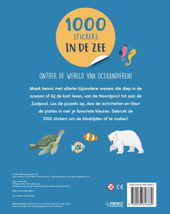 Boek "1000 stickers in de zee" met illustraties van een zeeschildpad, clownvis, en ijsbeer.