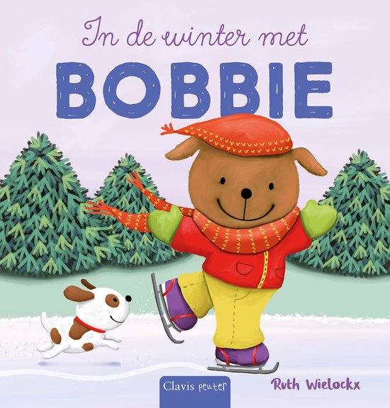 Boekcover met Bobbie de hond op schaatsen in de sneeuw, met een kleine hond ernaast. Titel: In de winter met Bobbie.