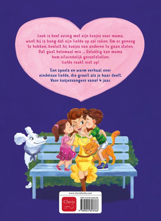 Illustratie van een moeder, twee kinderen, een kat en een hond op een bankje, omringd door hartjes. Kinderen geven de moeder kusjes.