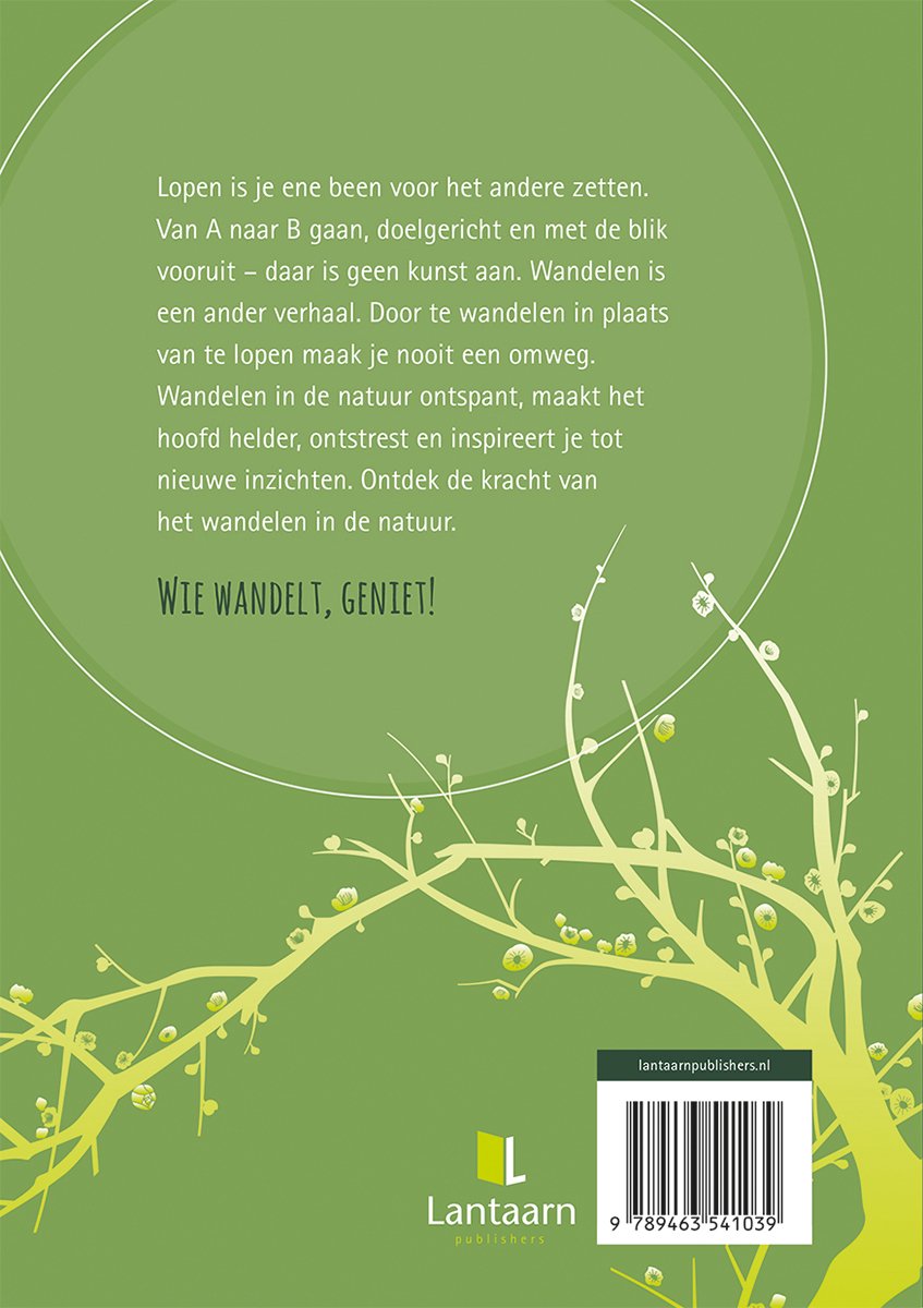 Boekomslag met tekst over wandelen en een groene tak met bladeren. Lantaarn Publishers.