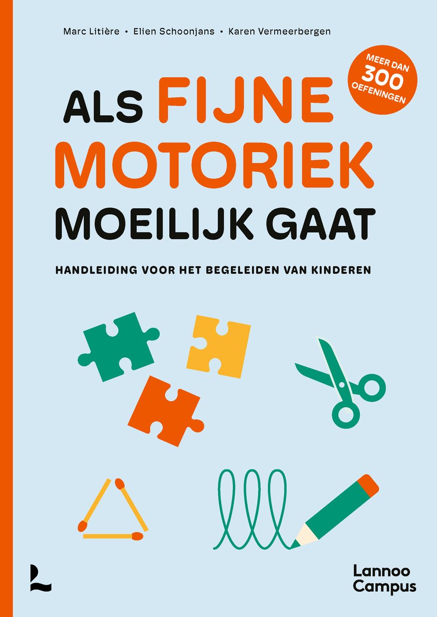 Boek 'Als fijne motoriek moeilijk gaat' met puzzelstukjes, schaar, potlood en lucifers.