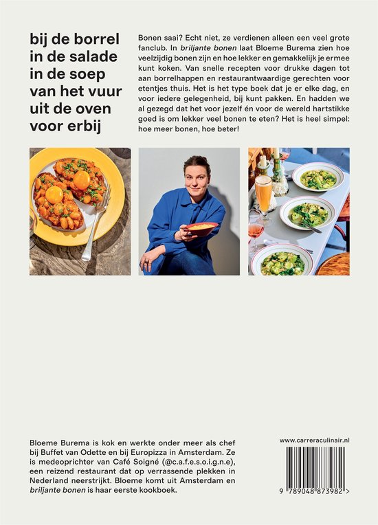 Een kookboek met recepten voor bonen, met foto's van gerechten en de auteur.