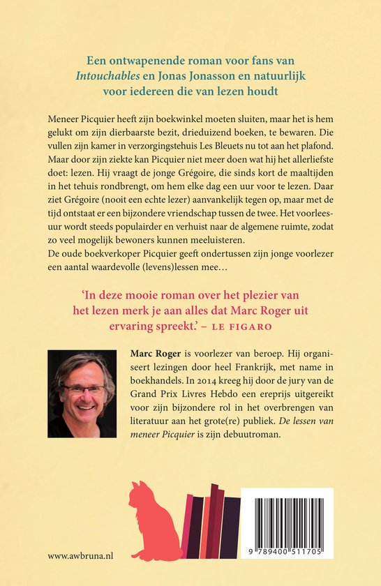 Achterkant boek 'De lessen van meneer Picquier' met foto van Marc Roger en beschrijving.