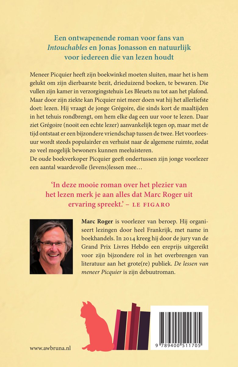 Achterkant boek 'De lessen van meneer Picquier' met foto van Marc Roger en beschrijving.