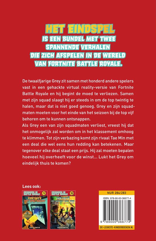 Achterkant boek 'Gevangen in Battle Royale 3 - Fortnite Het Eindspel' met beschrijving en ISBN.
