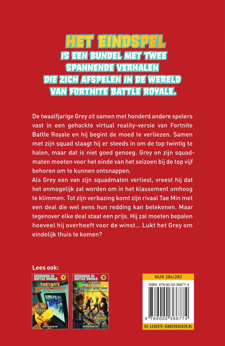 Achterkant boek 'Gevangen in Battle Royale 3 - Fortnite Het Eindspel' met beschrijving en ISBN.