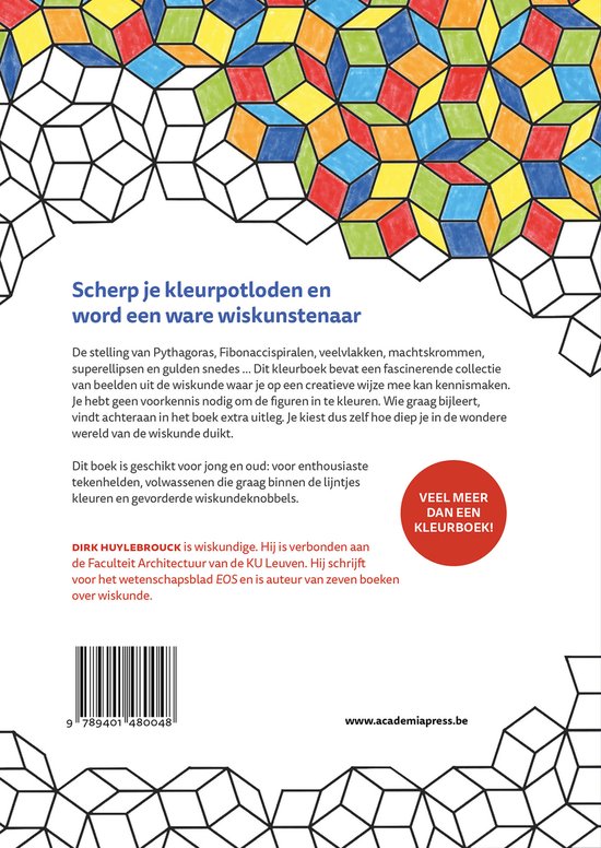 Couverture de livre intitulée 'Kleurboek Wiskunde' avec un texte décrivant le contenu du livre. Des formes géométriques colorées sont visibles.