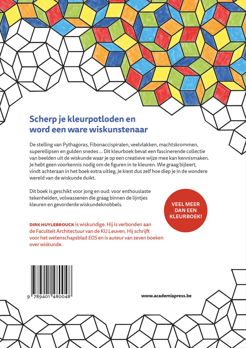 Couverture de livre intitulée 'Kleurboek Wiskunde' avec un texte décrivant le contenu du livre. Des formes géométriques colorées sont visibles.