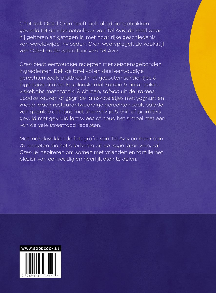 Boek met tekst over de recepten van Oded Oren, met een foto van de barcode.