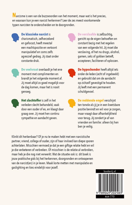 Boekcover met titels over verschillende soorten narcisten, met gekleurde hoofden onderaan en ISBN.