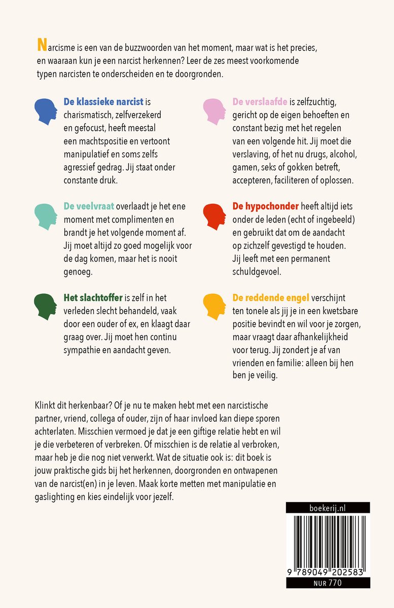 Boekcover met titels over verschillende soorten narcisten, met gekleurde hoofden onderaan en ISBN.