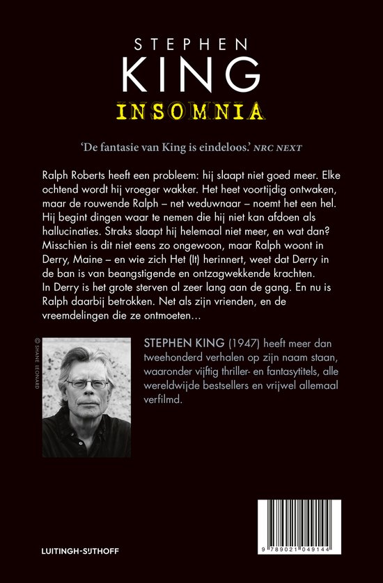 Boek "Insomnia" van Stephen King. Een portret van de auteur met tekst in het Nederlands.