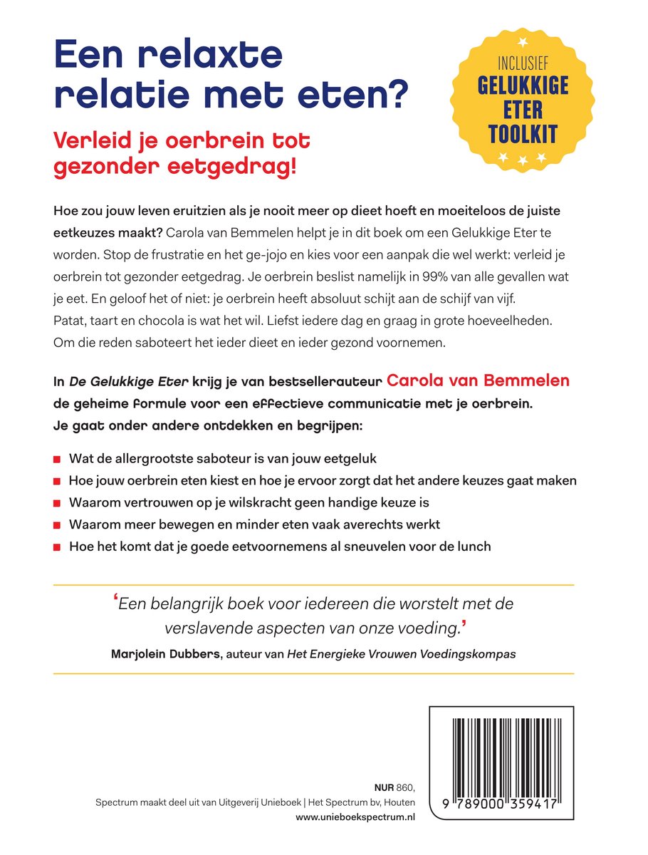 Cover van 'Een relaxte relatie met eten'. Bevat tekst en een gele cirkel met "inclusief Gelukkige Eter ToolKit".