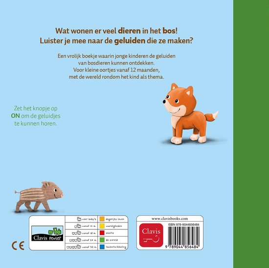 De achterkant van het boek 'Bosdieren' met een vosje en een zwijntje. Tekst legt uit dat het geluidenboekje is voor jonge kinderen.