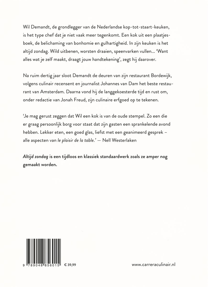 Boek met tekst over Wil Demandt, 'Altijd zondag'. Boek met ISBN-nummer en prijs.