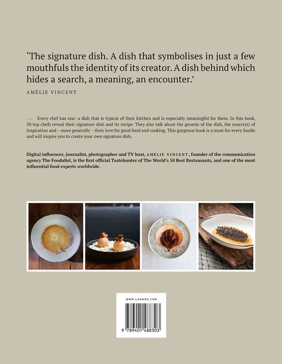 Achterkant van het boek 'Signature Dishes.' met 4 foto's van gerechten en tekst.