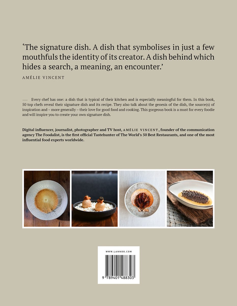 Achterkant van het boek 'Signature Dishes.' met 4 foto's van gerechten en tekst.
