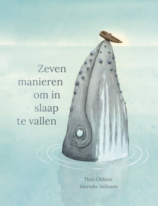 Illustratie van een walvis met een bootje op zijn hoofd. Titel: Zeven manieren om in slaap te vallen.