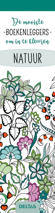 Kleurbare boekenleggers met natuurthema, bloemen en bladeren in groen, paars en oranje.