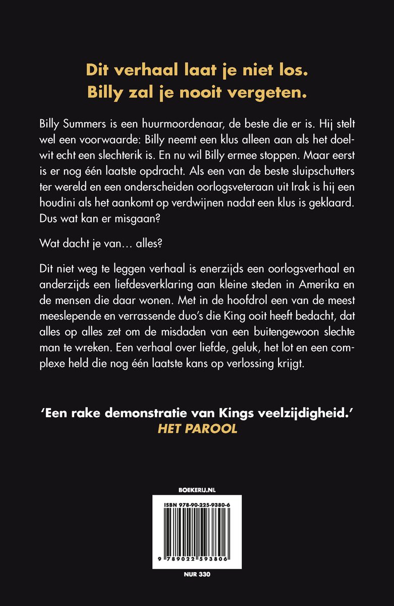Boekomslag met de tekst 'Dit verhaal laat je niet los. Billy zal je nooit vergeten.' en de titel BILLY SUMMERS.