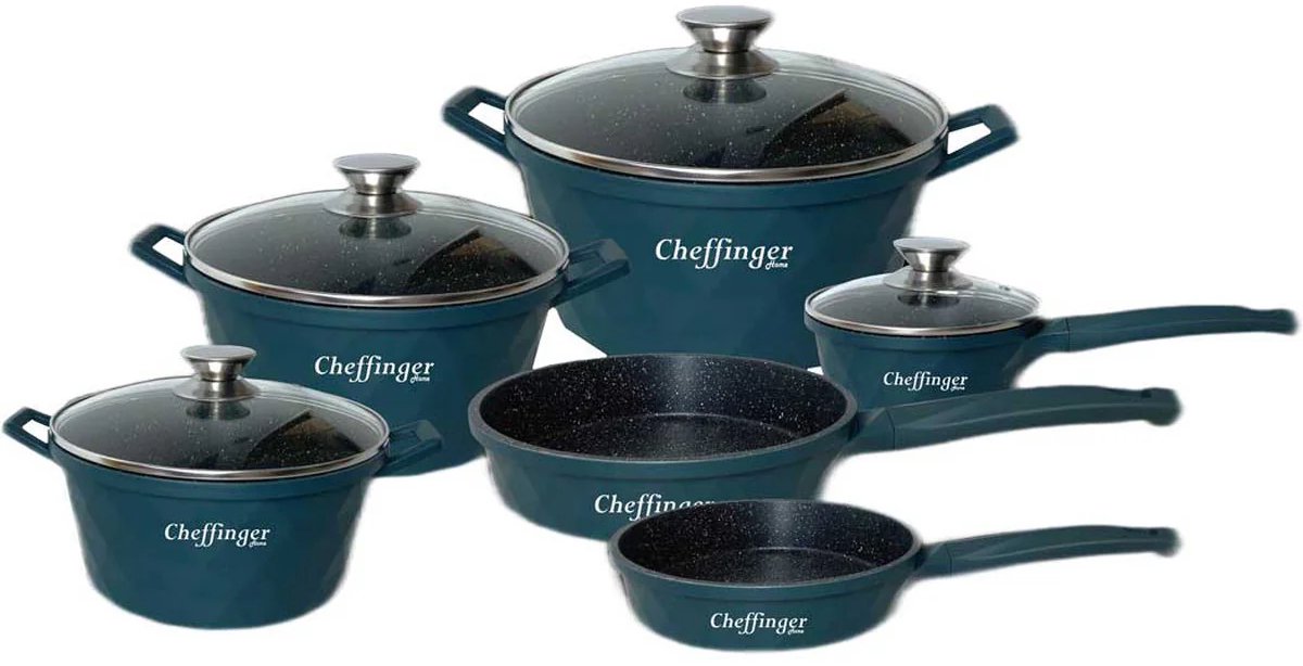 Cheffinger Pannenset - 12-delig - Groen - Inductie - Met Glazen Deksels