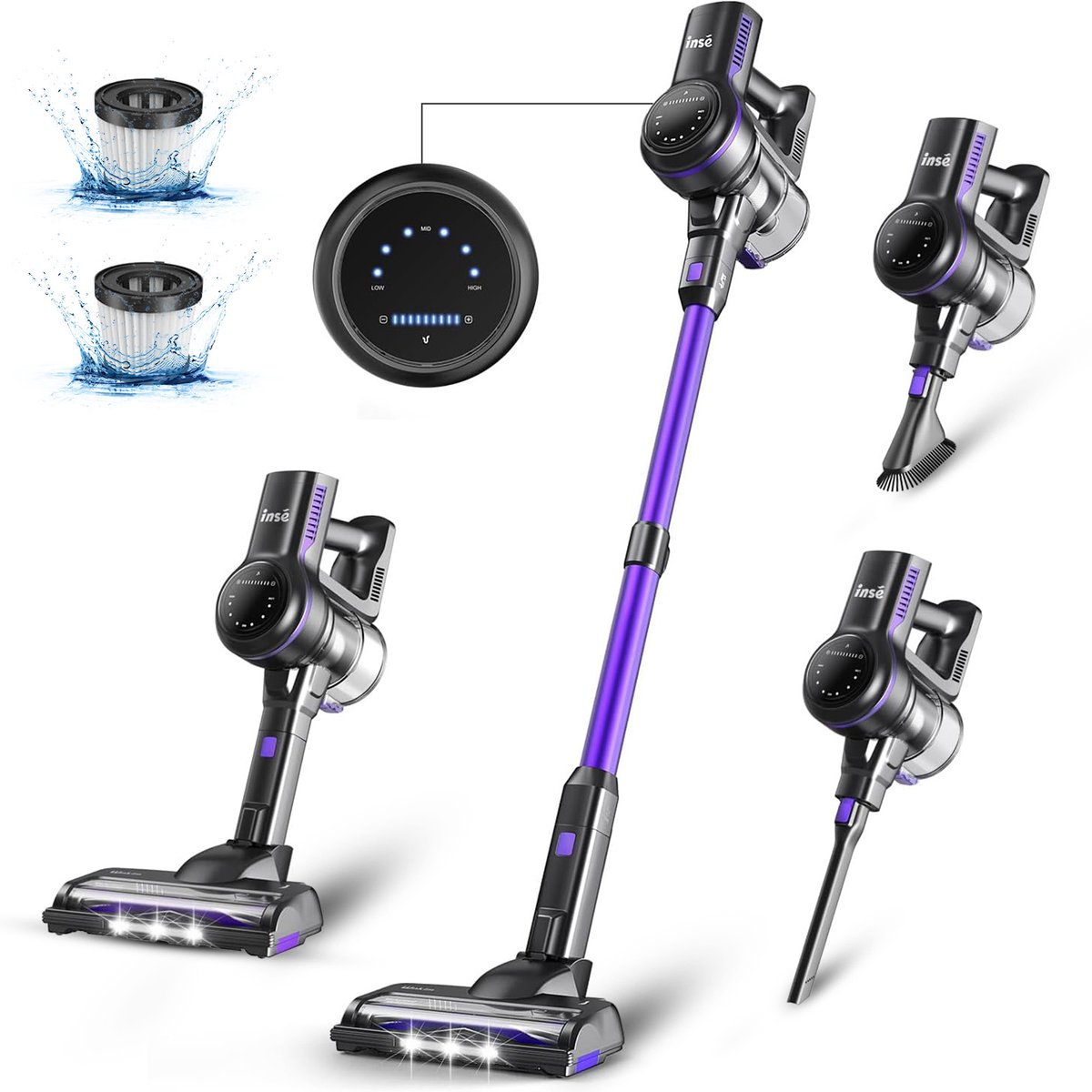 Draadloze stofzuiger, Inse, S7P, paars, 6-in-1 lichtgewicht handgreep stofzuiger, 26kPa, 45 minuten looptijd, 65dB, 265W, 1L