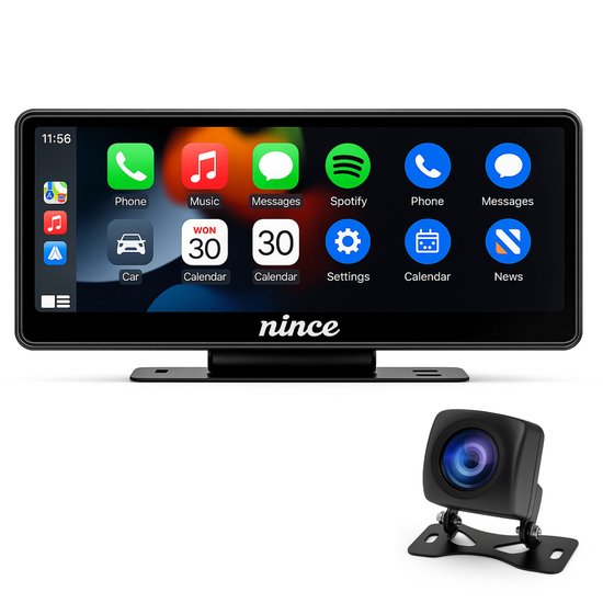 Nince CarPlay Scherm 10 Inch – Draadloos Apple CarPlay & Android Auto – Navigatiesysteem Auto – Met Dashcam & Achteruitrijcamera