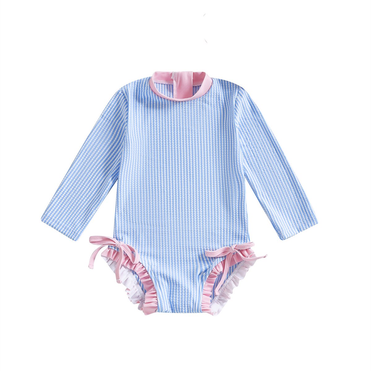 Joya Kids® Badpak Lange Mouw Licht Blauw met Streepjes en Roze Ruches Meisjes | Zwempak met ruches UV Badpak | Zwempak Lange Mouw UV Bescherming Streep | Meisje Bikini Zomer | Kinderbadpak Peuter | — afbeelding 2
