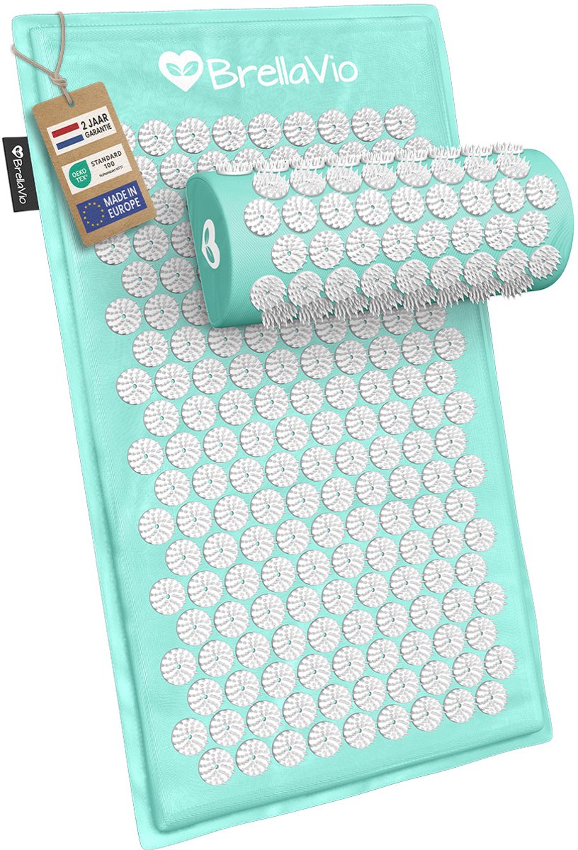 BrellaVio Spijkermat Set met Spijkerkussen - Pastel Turquoise - 74x44 cm - Acupressuur Mat - Spijkerbed - Acupunctuur Kussen - Shakti Massage