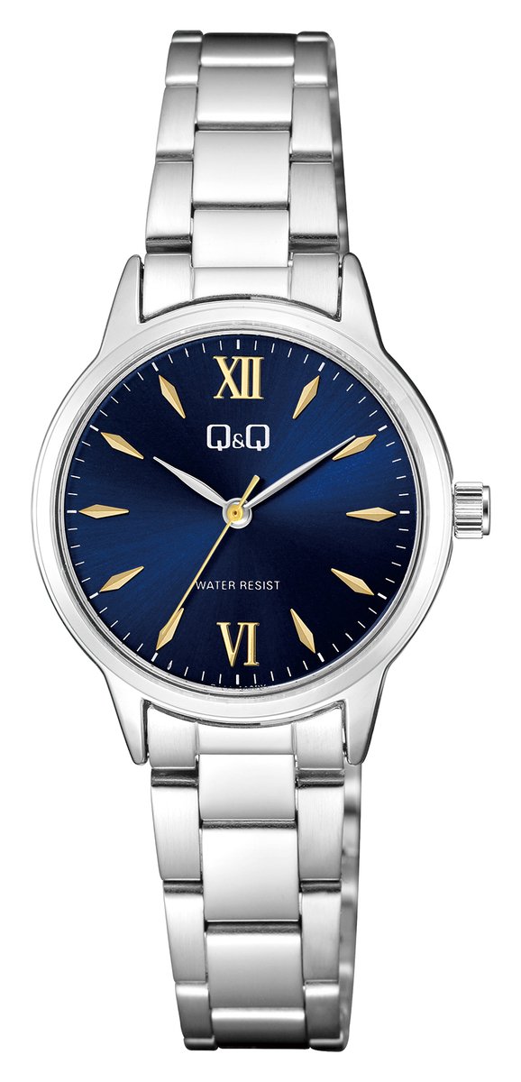 QQ Q11A-002PY - Horloge - Polshorloge - Analoog - Vrouwen - Dames - Stalen band - Rond - Metaal - Romeinse Cijfers - Strepen - Zilverkleurig - DonkerBlauw - Goudkleurig