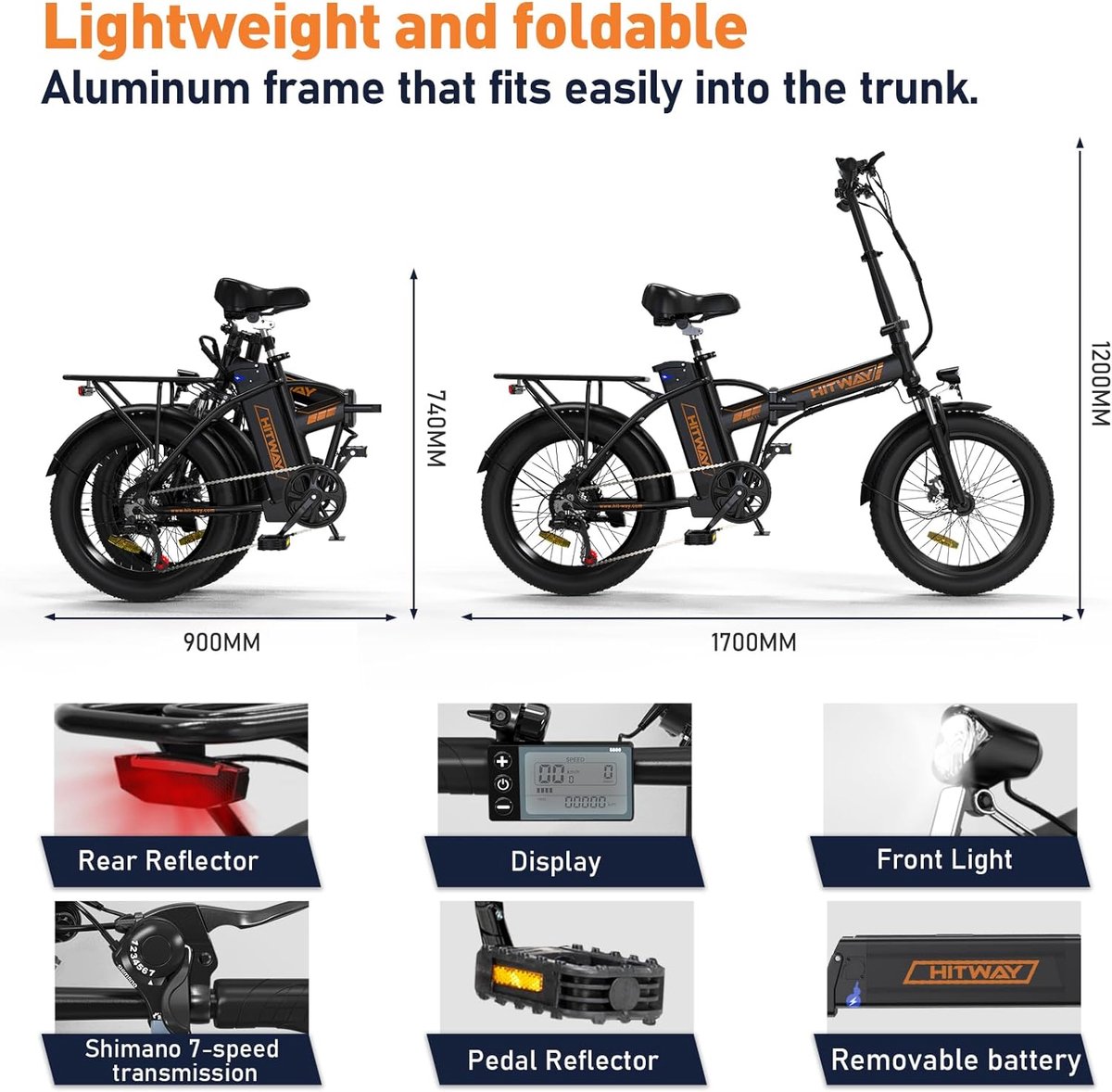 Hitway Elektrische Fiets BK11 | E-bike | 250W Motor | Fat Tire | 12Ah | 20 Inch | Zwart/Oranje – foto 7