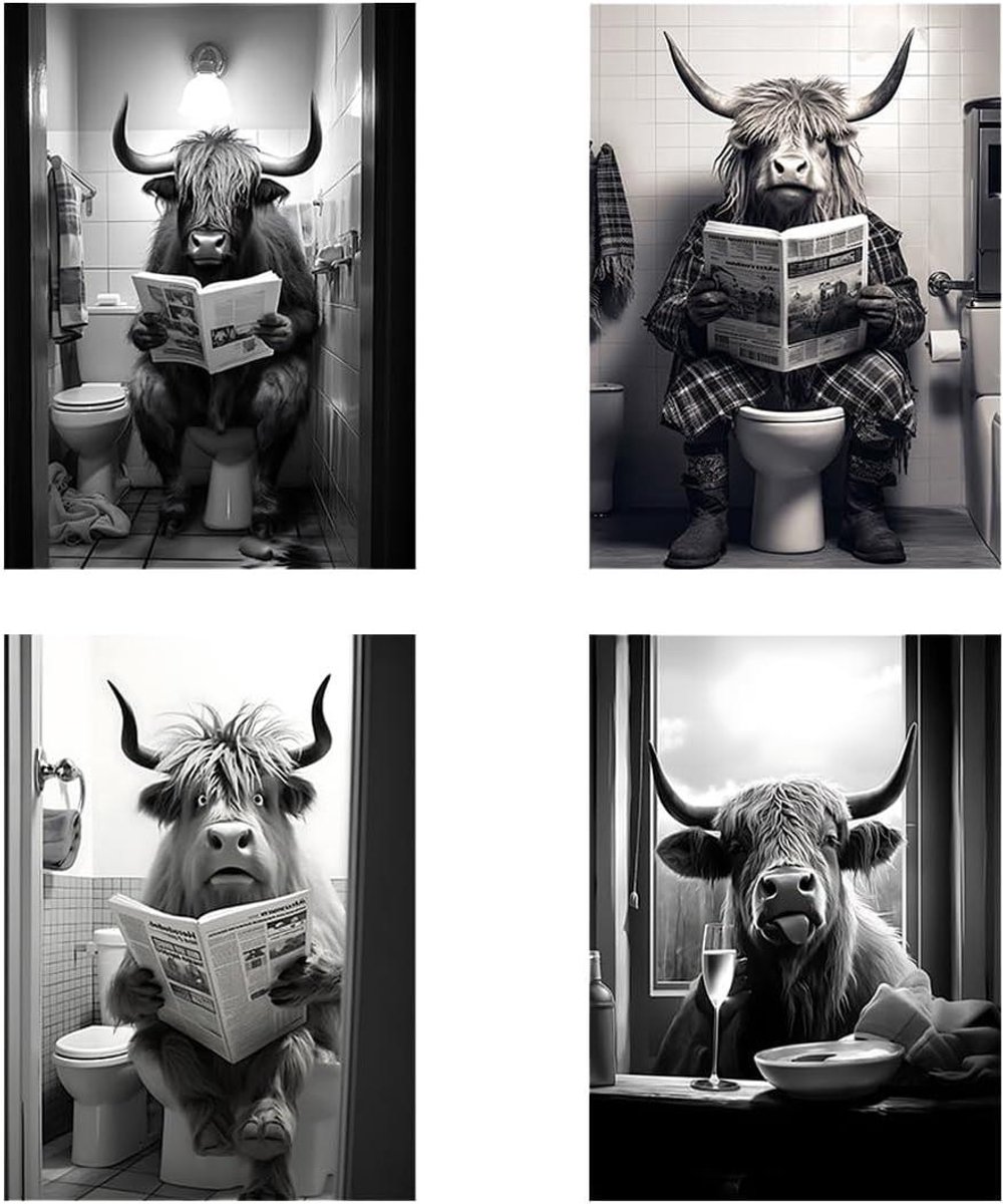 4 Stuks Badkamerschilderijen Rundvlees Zwart-Wit-Badkamer Muurkunst Poster Op Canvas Badkamer Foto's Grappig Badkamer Muur Canvas Zonder Lijst (30 x 21 cm B)