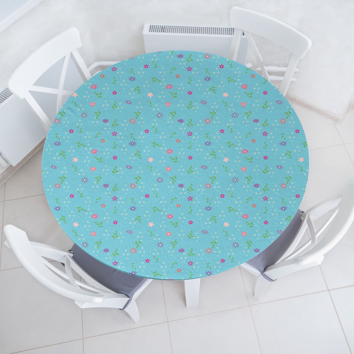 New Bed Floraal Bloemen Minimalistisch Patroon Rekbare Ronde Tafellaken, Elastische Stof Tafelhoes rondom 115 cm -142 cm Diameter