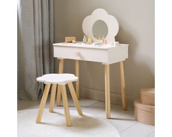 foto van Petite Amélie Houten Kaptafel met Spiegel en Stoel - Wit - Make-up Tafel met Stoel & Spiegel - Fleur