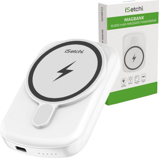 iSetchi Powerbank 10000 mAh - Geschikt voor MagSafe - LED Indicator - 20 Watt USB-C Poort - Magnetisch & Draadloos - Externe Batterij - Geschikt voor iPhone 12/13/14/15/16 - Wit