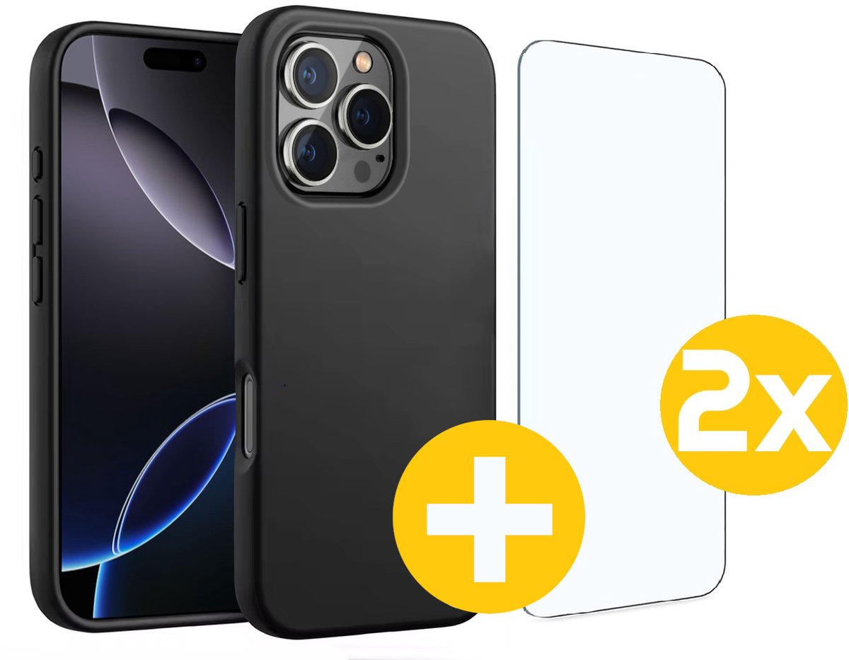Hoesje en Screenprotector Combi Geschikt Voor iPhone 16 Pro - Zwarte Siliconen Hoesje + 2x Screenprotector