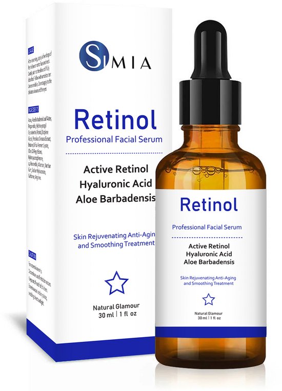 Simia™ Advanced Active Retinol Serum – Met Hyaluronzuur & Aloë Vera – Gezichtsserum – Collageen – Anti Aging – Celvernieuwing – Anti-Acne – Tegen Mee-eters en Grove Poriën – Tegen Pigmentvlekken – 30ml