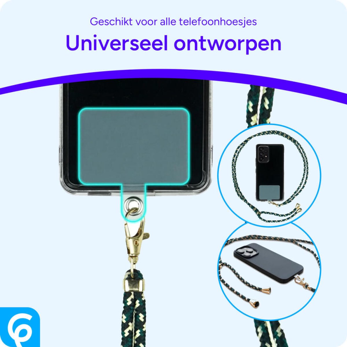 caslord Telefoonketting universeel, mobiele telefoonkoord, geschikt voor alle smartphones met 2 stuks universele patch, telefoonband met elke hoes combineerbaar, verstelbaar en afneembaar - zwart