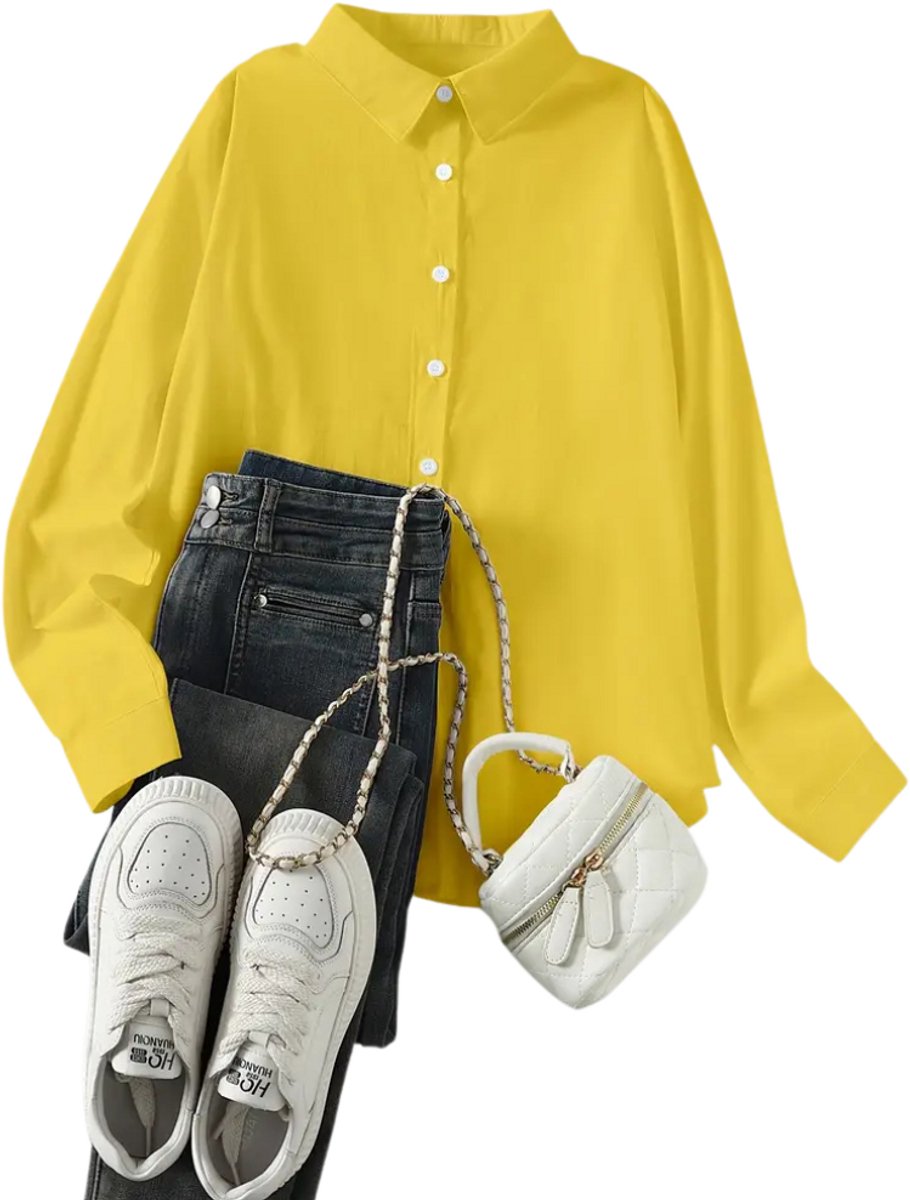 Nivard Linnen Blouse Dames T-Shirt Polo Overhemd Shirt Zomer Ibiza Stijl Geel