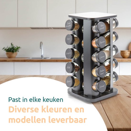 Zwart, vierkant kruidenrek op een houten tafel, met diverse kruiden in potjes.