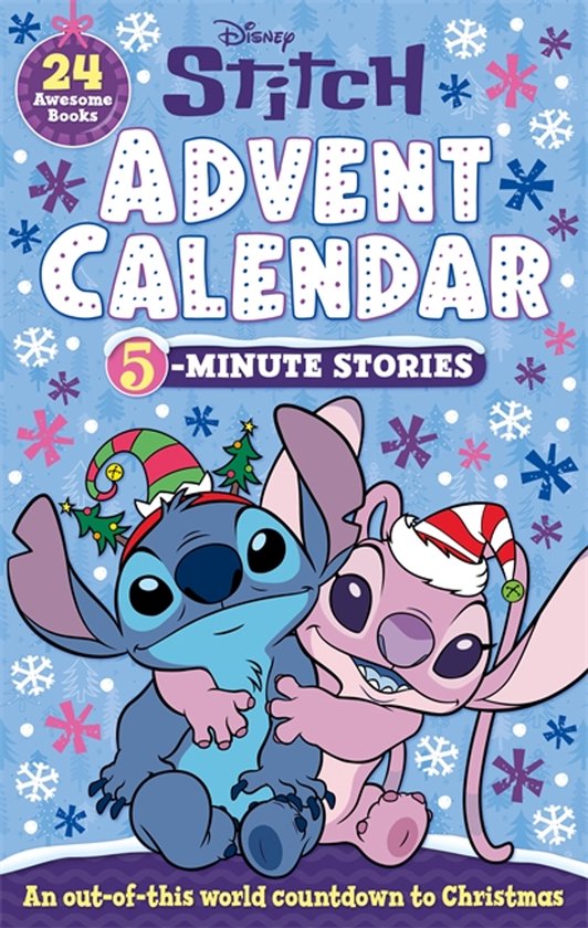Calendrier de l'Avent Disney Stitch : Histoires de 5 minutes, avec Stitch et Angel sur la couverture, en ambiance de Noël, avec des flocons de neige.