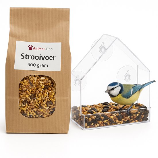 Vogelvoederhuisje voor Kleine Vogels - met 500 Gram Vogelvoer - Doorzichtig Vogelhuisje aan het Raam - Zuignap - Hangend Voederhuis - Animalking - Vogelvoederstation - Bird Feeder