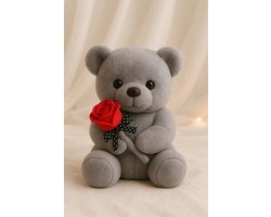 Teddybeer - Kerstcadeau - Valentijn Cadeau - Knuffel Beer - Knuffels - Kerst - Cadeau voor Vrouw - Moederdag Cadeautje - Valentijnscadeau - Geschenk - Verjaardag Cadeau - Sinterklaas Cadeau - Grijze - Teddybeer - 28cm - Met roos