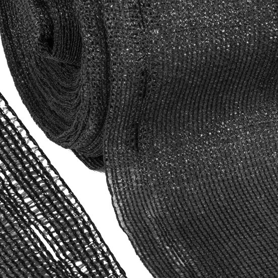 Detailopname van een zwarte schaduwdoek rol met een open geweven textuur.