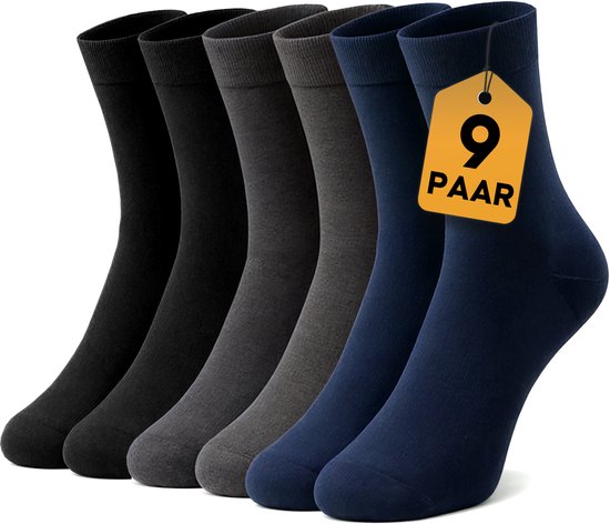 Chaussettes VOLQU® - Série BAS - 9 paires - 3 Zwart | 3 Blauw Marine | 3 Gris foncé - Homme et femme - Katoen - Chaussettes - Sans couture - Taille 39-42