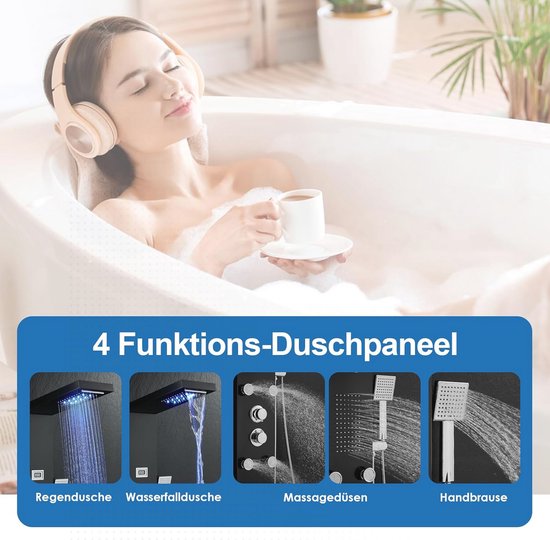 vidaXL Douchepaneel Glas Zwart Douchepaneelsysteem Massagedouche Douche