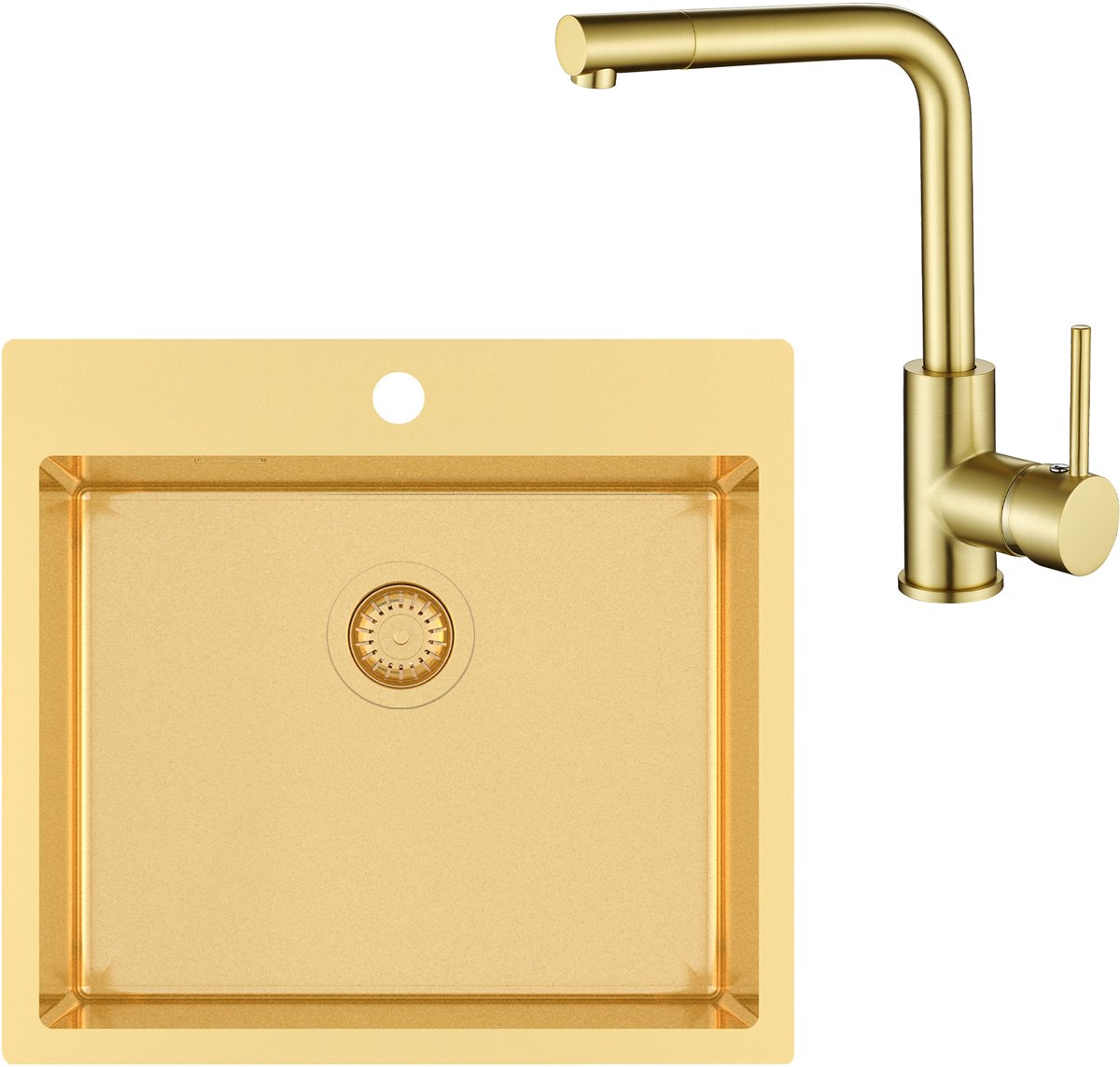 GURARI Roestvrijstalen spoelbak TERRA 100 N + Keukenkraan 5553, Inbouwspoelbak 550x505 mm, goud, rechthoekig