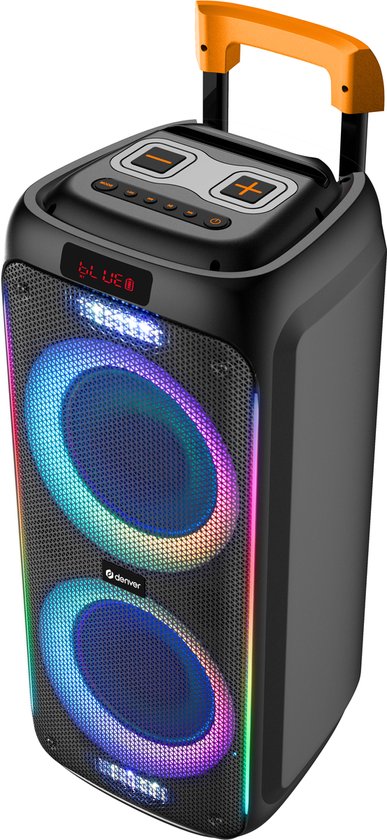Zwarte Denver Bluetooth speaker met twee ronde, verlichte woofers. Oranje handvat bovenop. 'LINE' display.